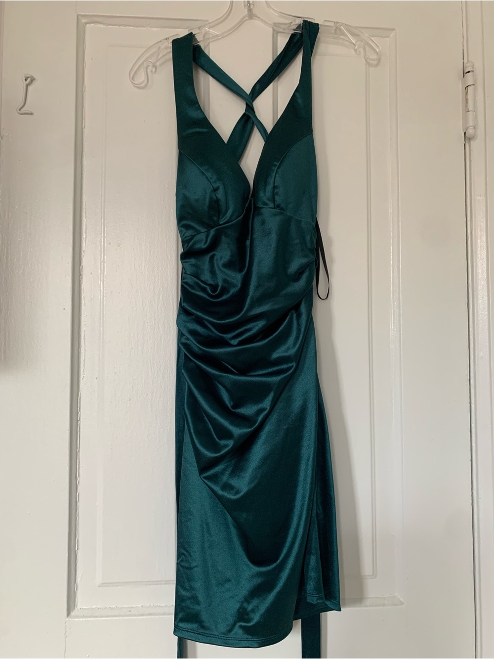 B Darlin Teal Satin Ruched Midi Dress